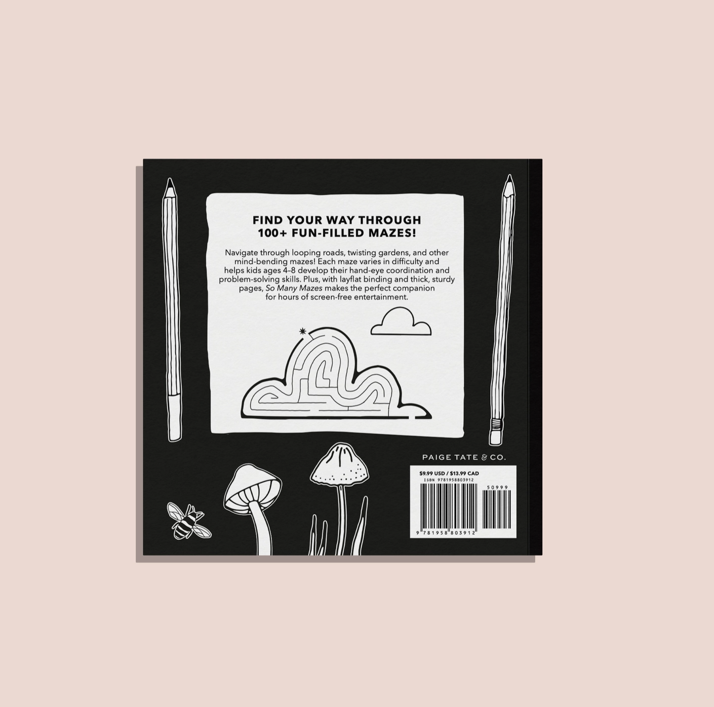 Back cover of a book with maze illustrations and text on a pink background