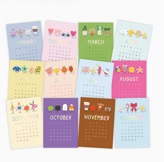 Set of colorful monthly calendars for each month of the year.