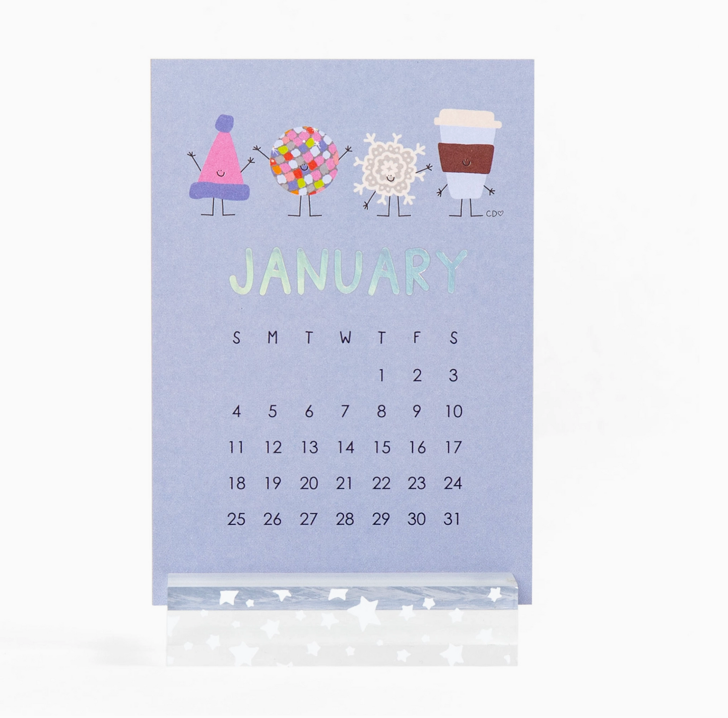 Calendar for January with cartoon characters on a light blue background