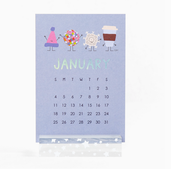 Calendar for January with cartoon characters on a light blue background