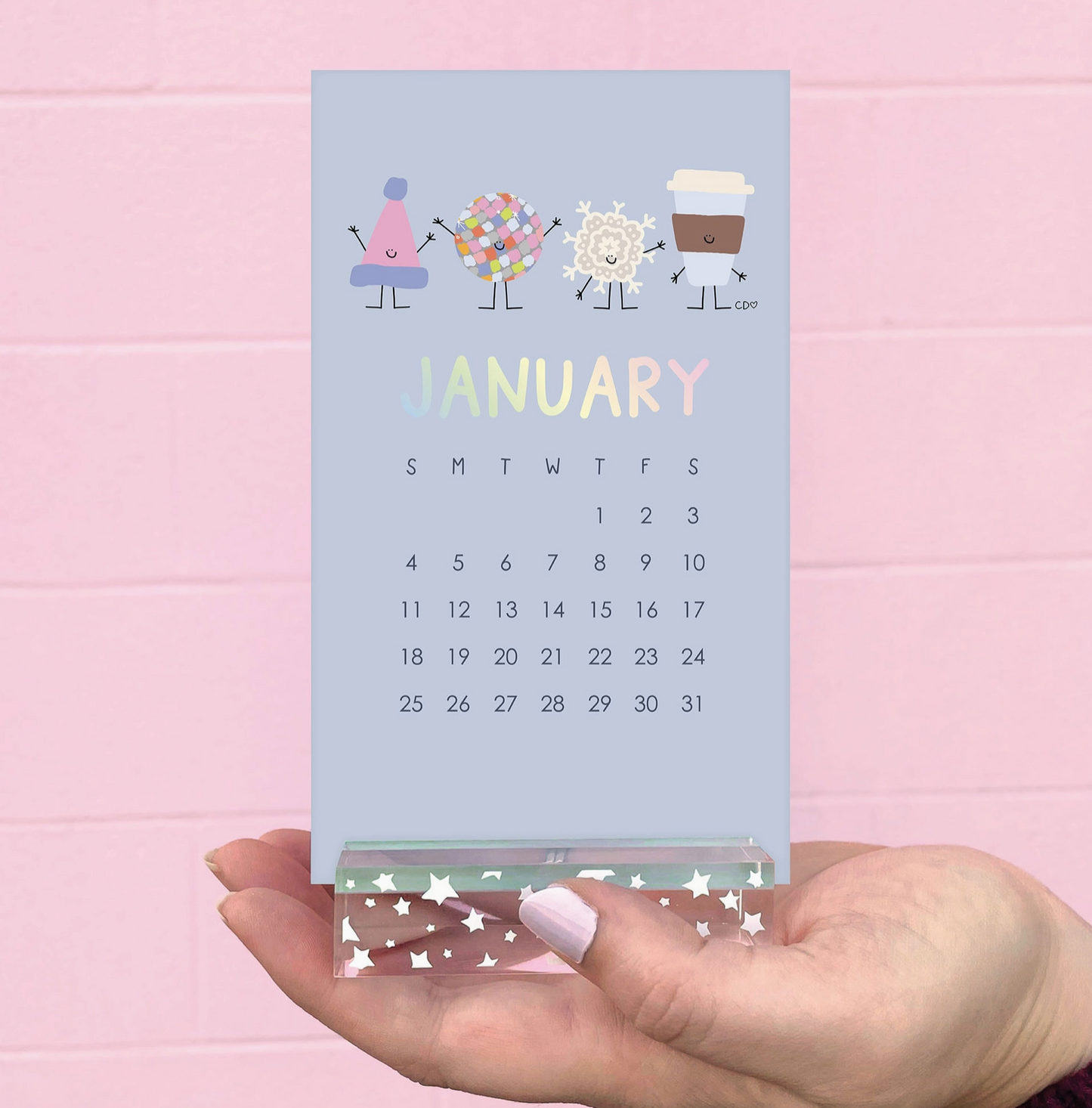 Calendar card for January with cartoon characters on a pink background