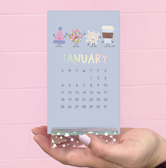 Calendar card for January with cartoon characters on a pink background