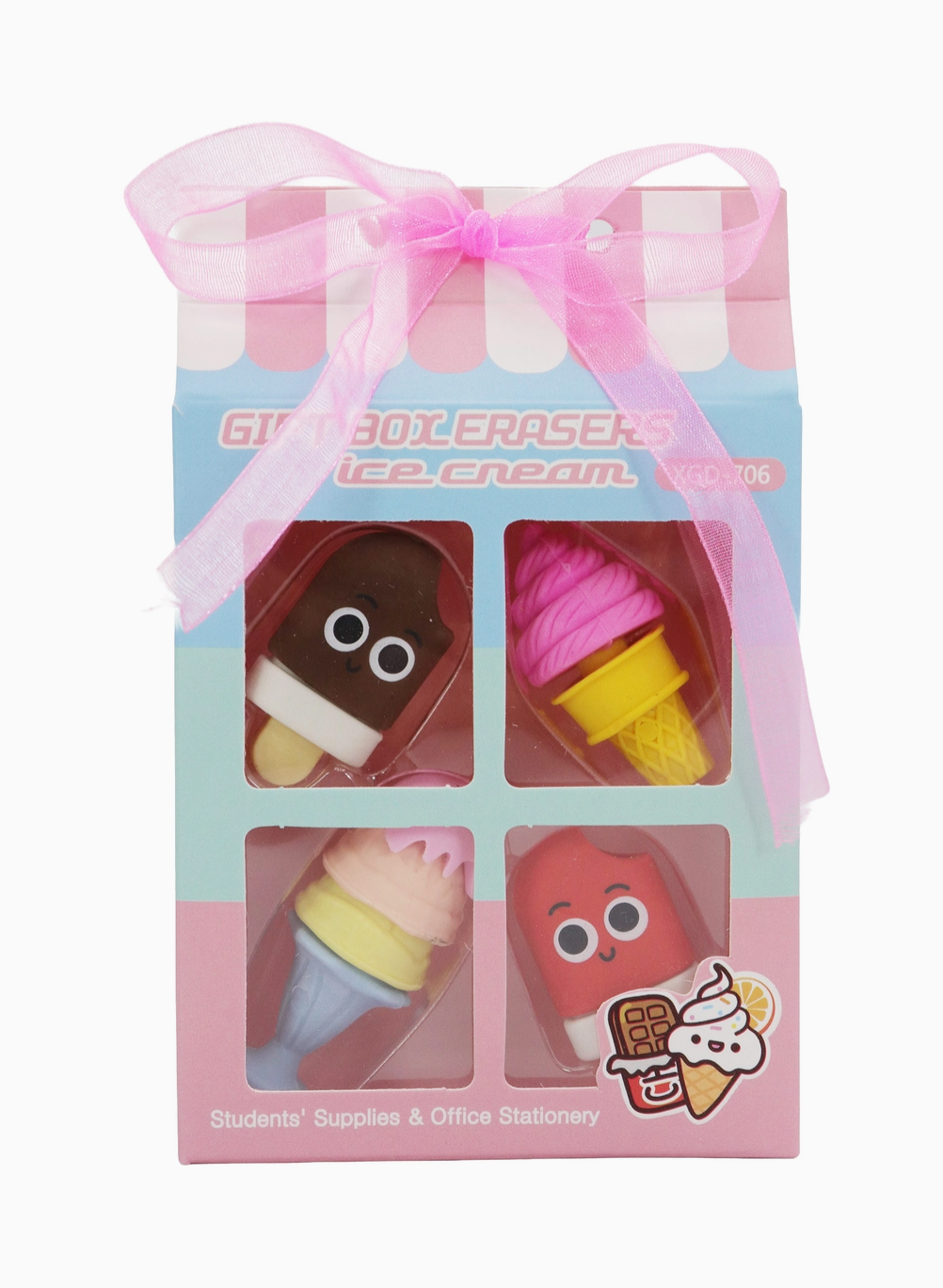 Set of four ice cream-shaped erasers in a decorative box with a pink ribbon.