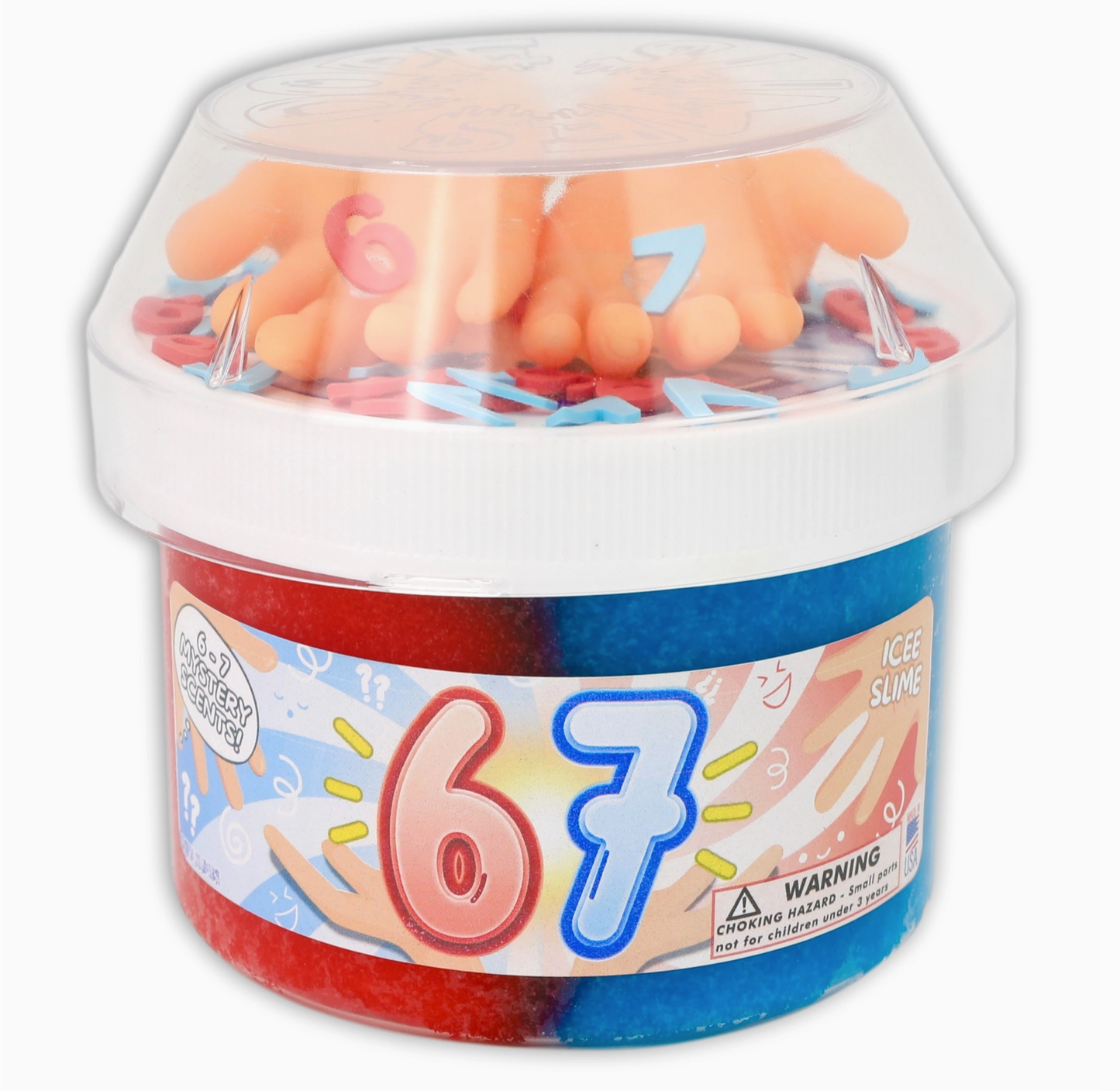 Container of orange and pink slime with number '6' and '7' on a colorful label.
