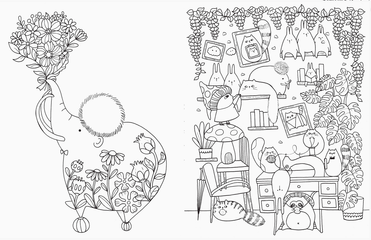 Coloring book page with cartoon hedgehog, books, and plants
