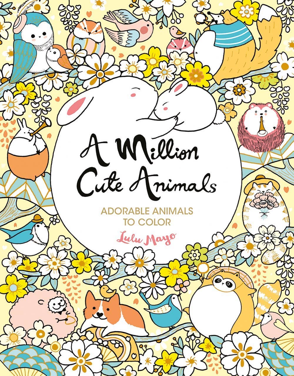 Coloring book cover with cute animals and flowers, featuring the title 'A Million Cute Animals' by Lulu Mary.