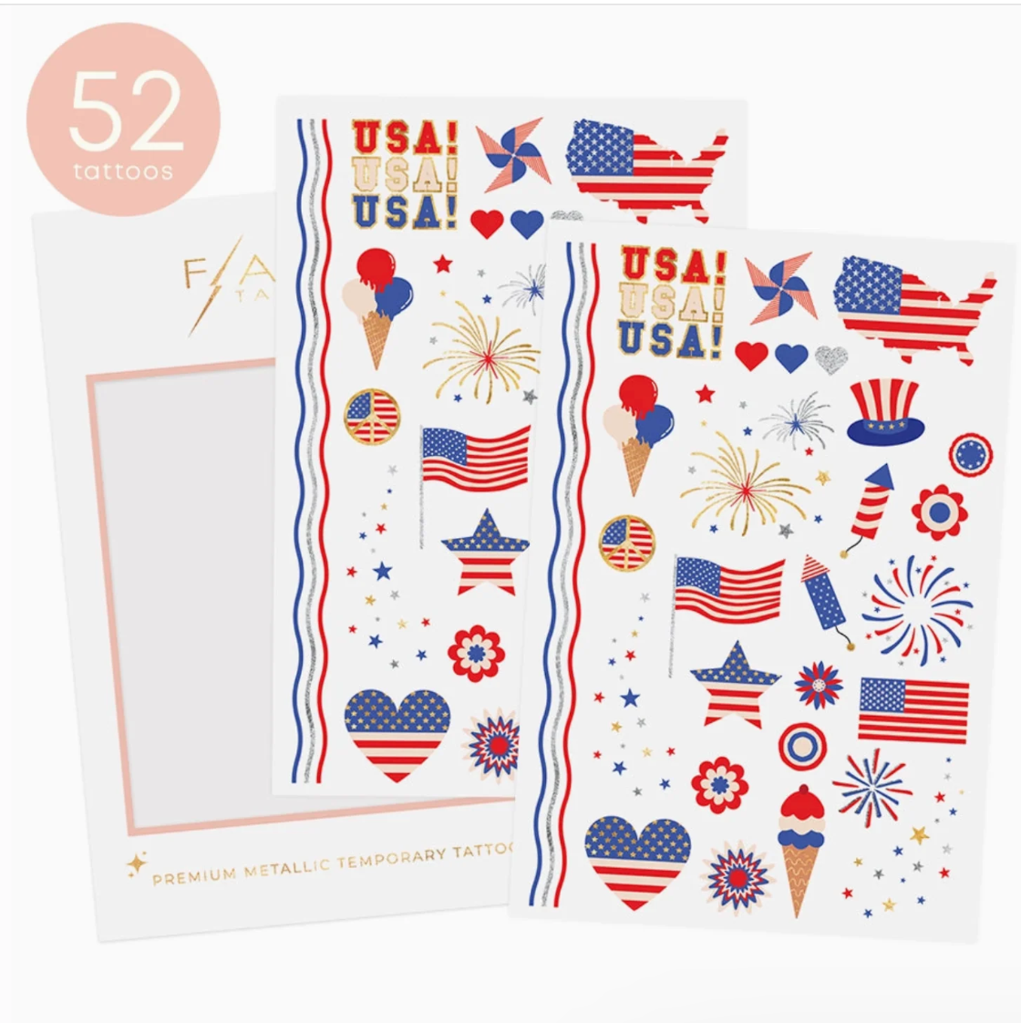 Sheet of patriotic tattoos with American flags, stars, and other designs on a white background.
