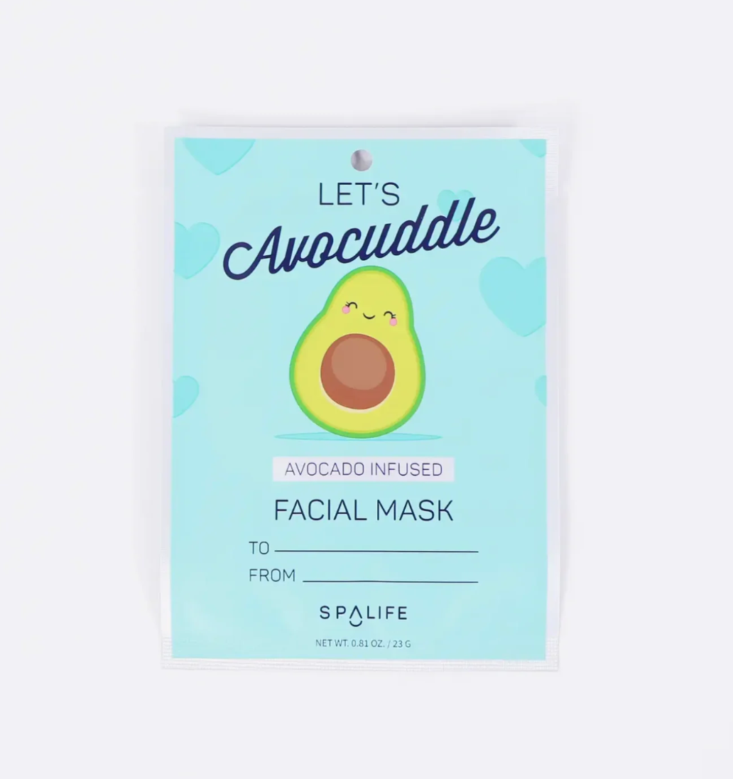 Avocado-infused facial mask packaging with a cartoon avocado on a light blue background