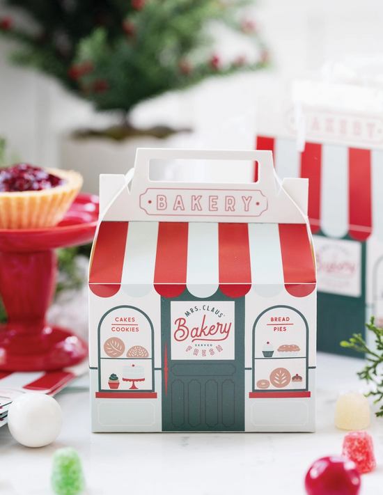 Bakery-themed gift box with red and white striped design on a festive background