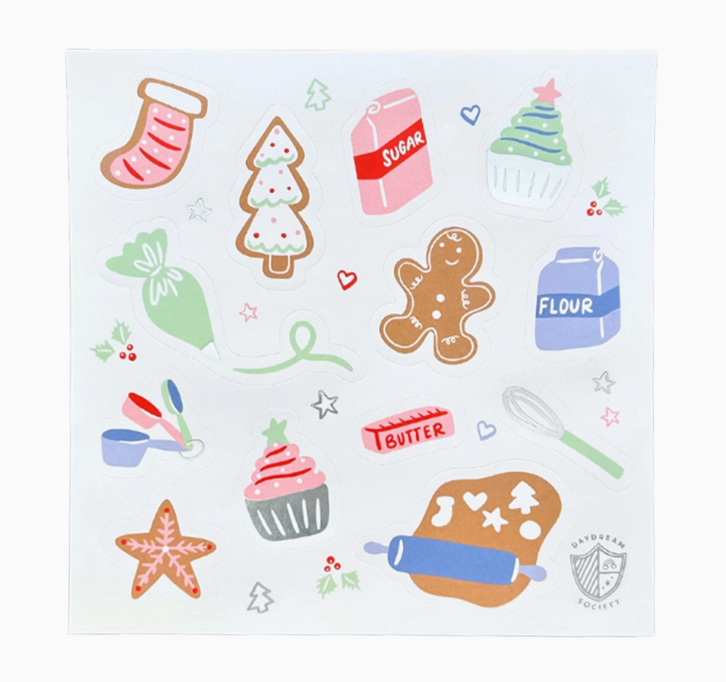 Colorful baking-themed stickers on a white background