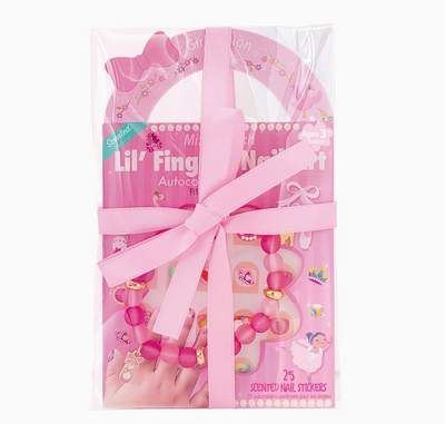 Pink packaging of 'Lil' Fing' nail stickers with a bow on a white background