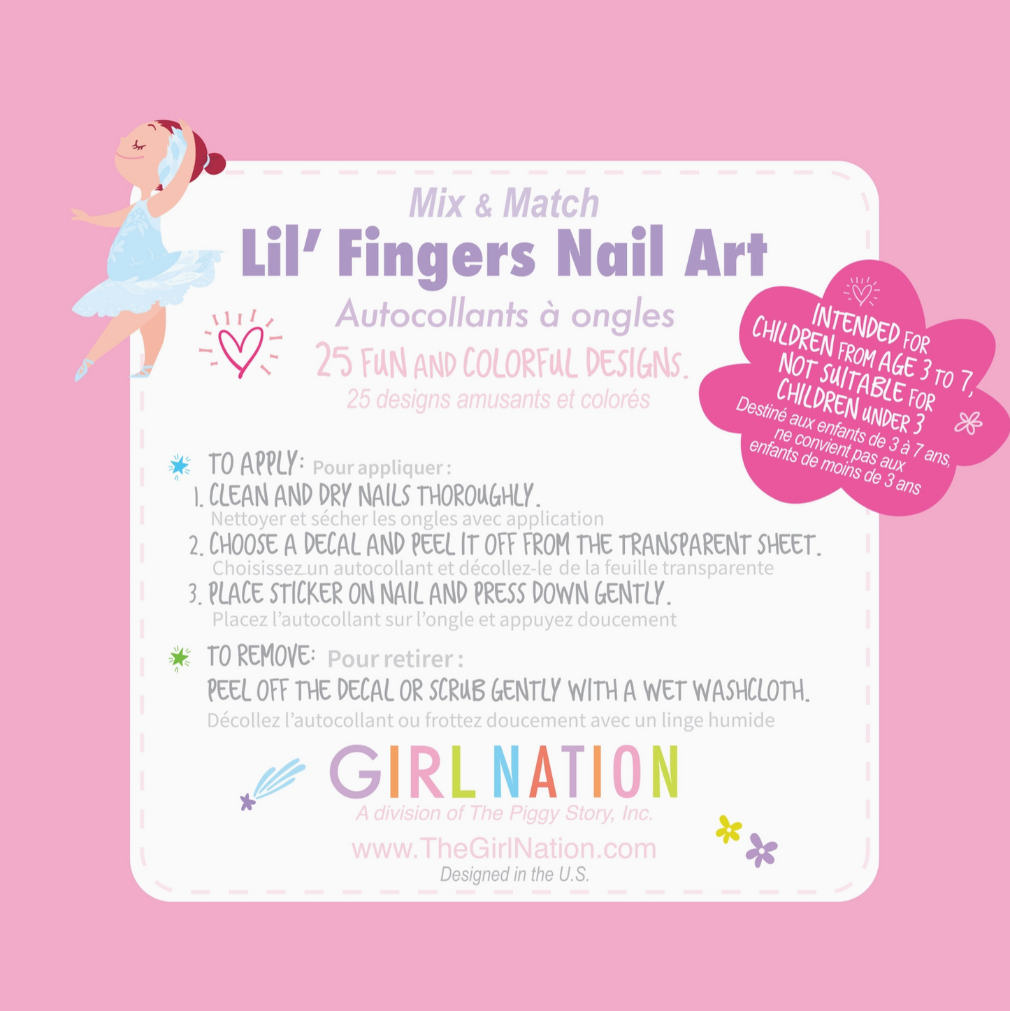Lil' Fingers Nail Art packaging with instructions and branding on a pink background
