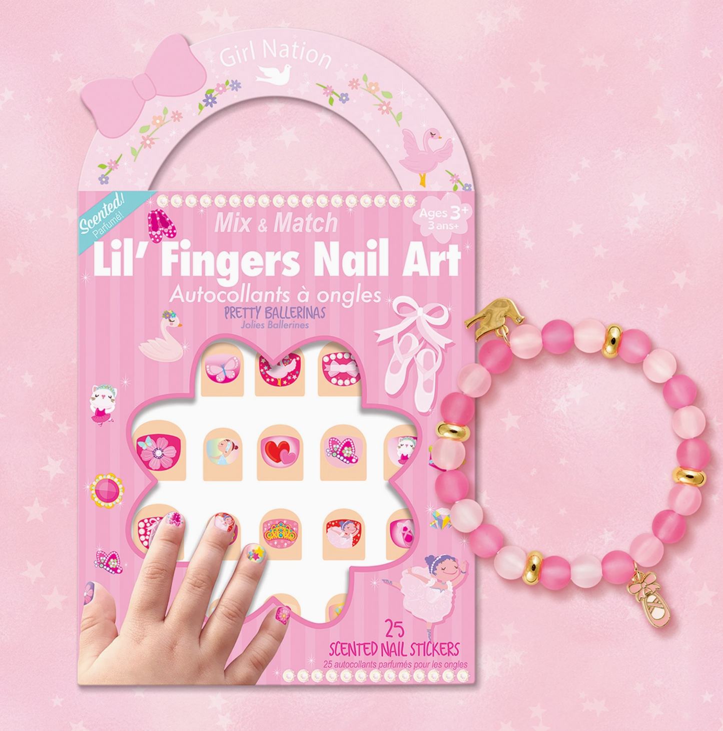 Pink packaging of 'Lil' Fingers Nail Art' with a bracelet on a pink background
