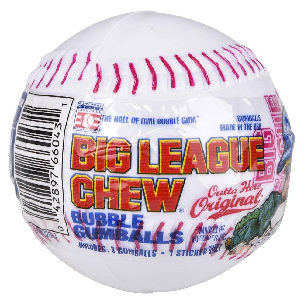 Big League Chew bubble gum ball with colorful text and graphics on a white background