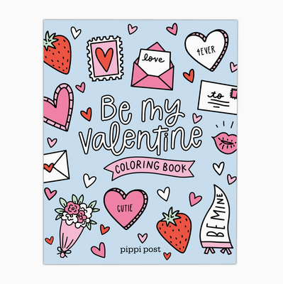Cover of 'Be My Valentine Coloring Book' featuring a variety of Valentine's-themed illustrations such as hearts, flowers, and mailboxes in pink and red tones.