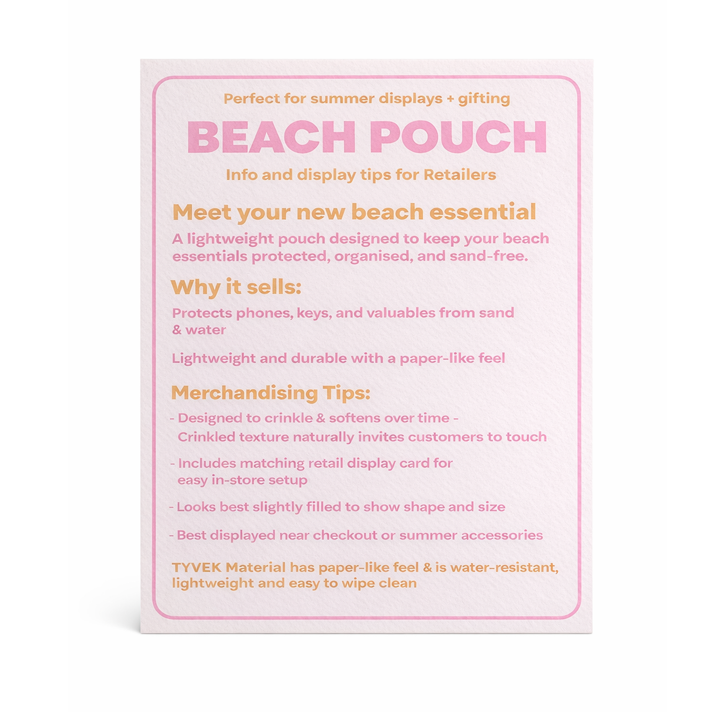 Product description card for a beach pouch on a white background