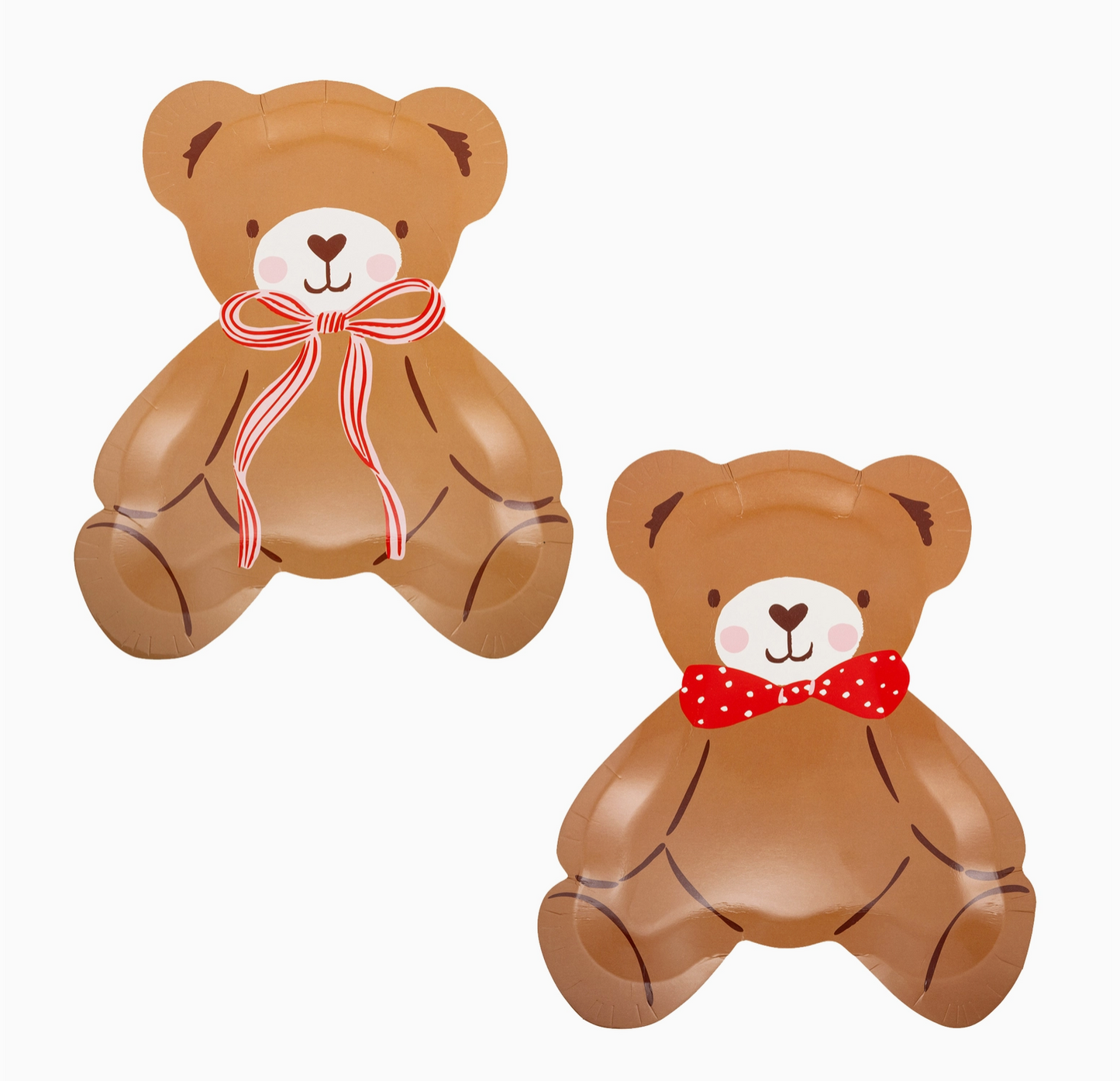 Two brown teddy bears with red bows on a white background