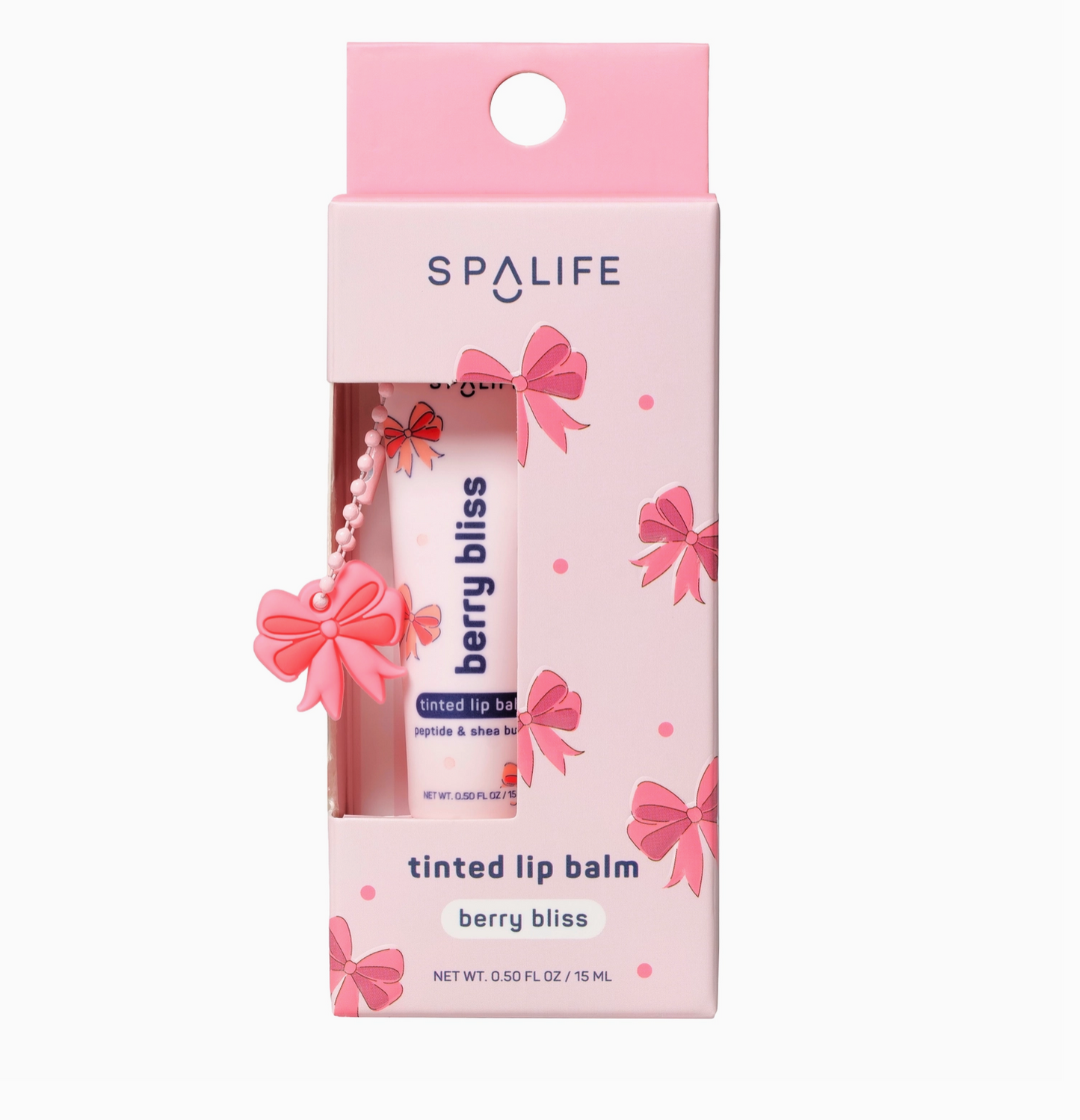 Spa Life berry bliss tinted lip balm packaging with pink bows on a white background