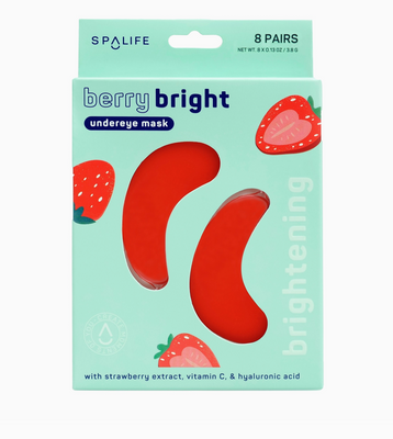 Packaging of Spalife berry bright undereye masks with strawberry illustrations on a light blue background.