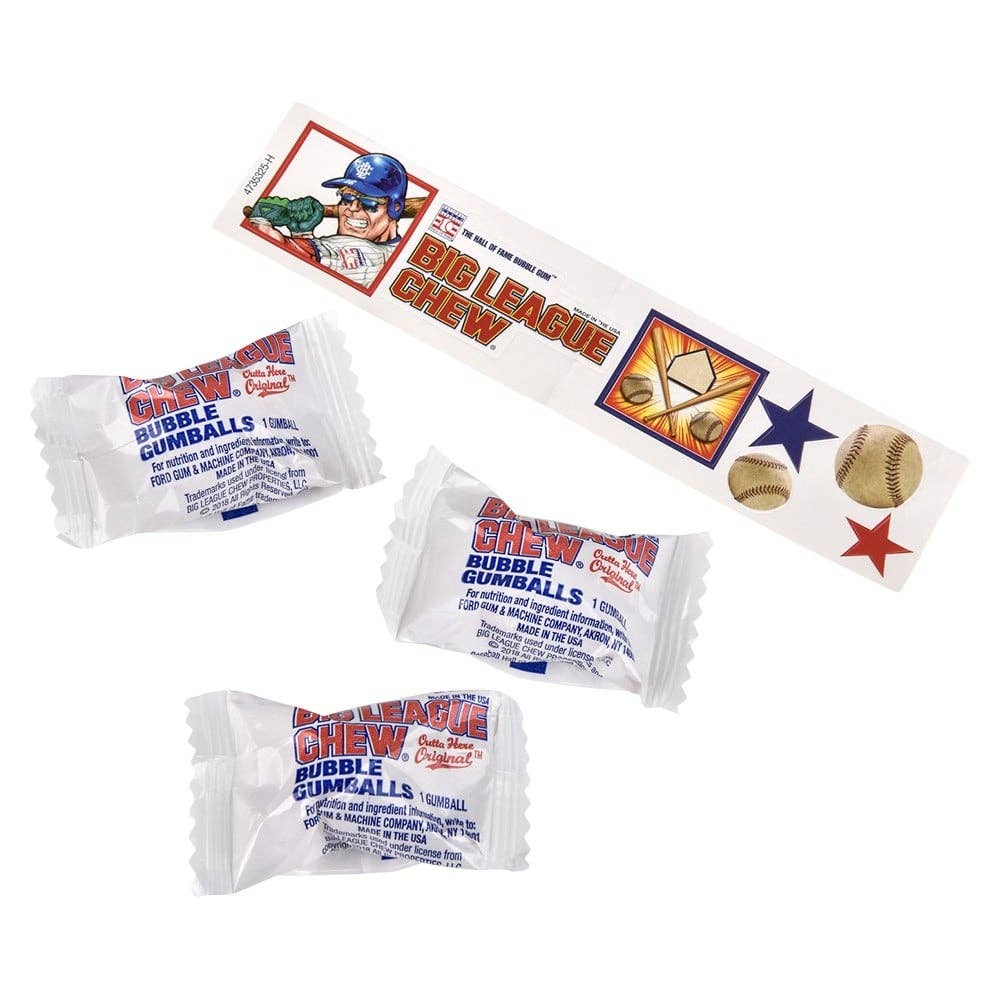 Big League Chew bubble gum packets with a display box on a white background
