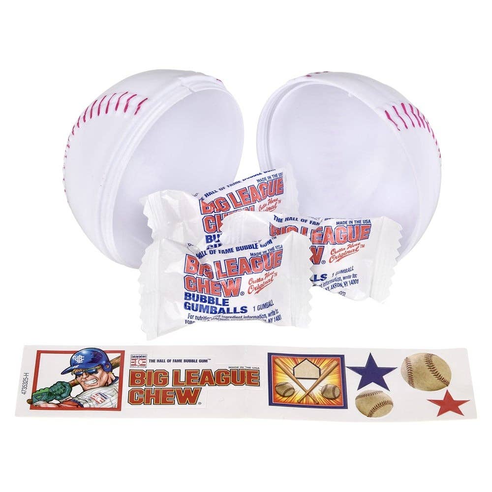 Big League Chew packaging including a box, bubble gum, and a baseball-themed wrapper on a white background.