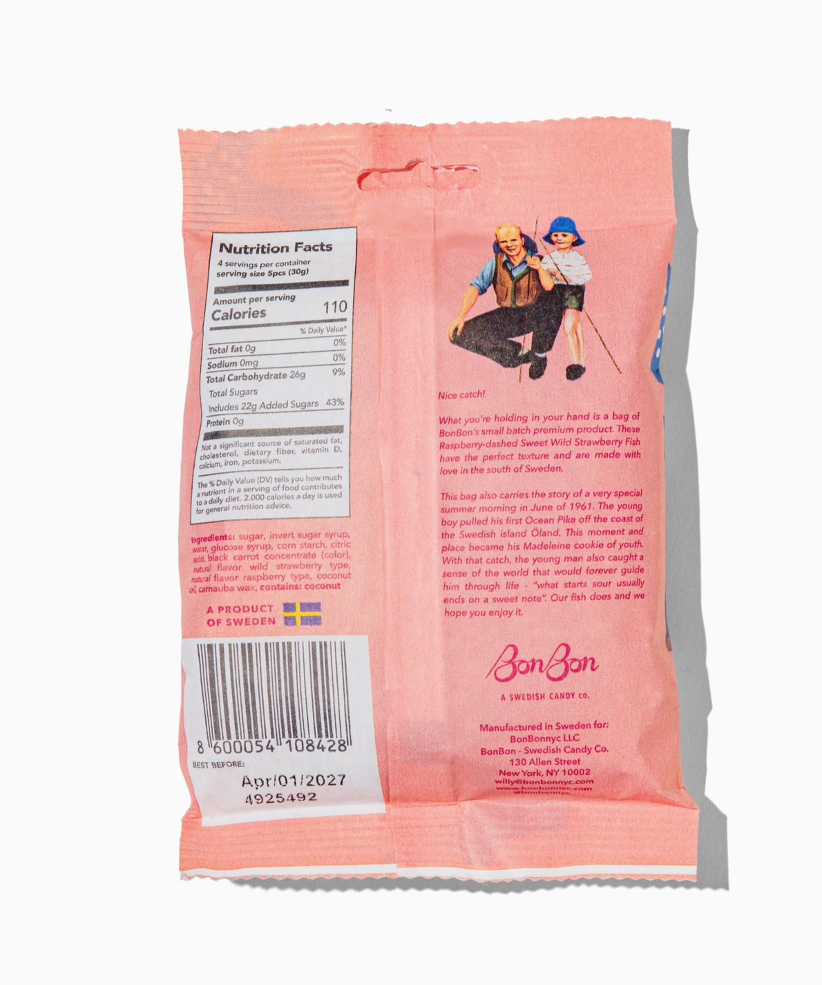 Back of a pink candy package with text and bar code on a white background