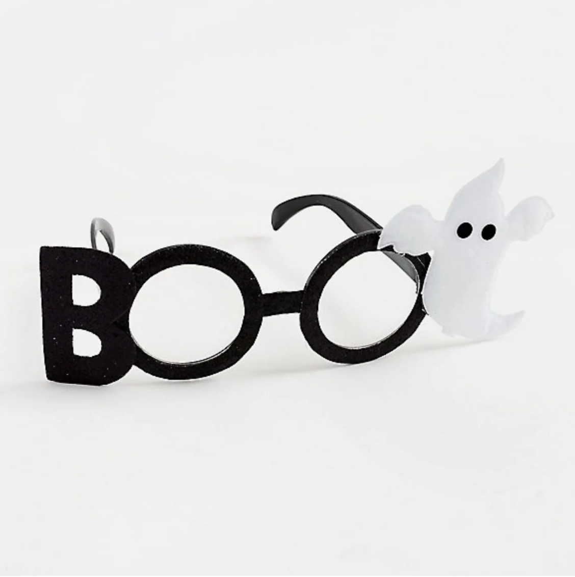 Halloween-themed novelty glasses with a ghost and 'BOO' letters on a white background