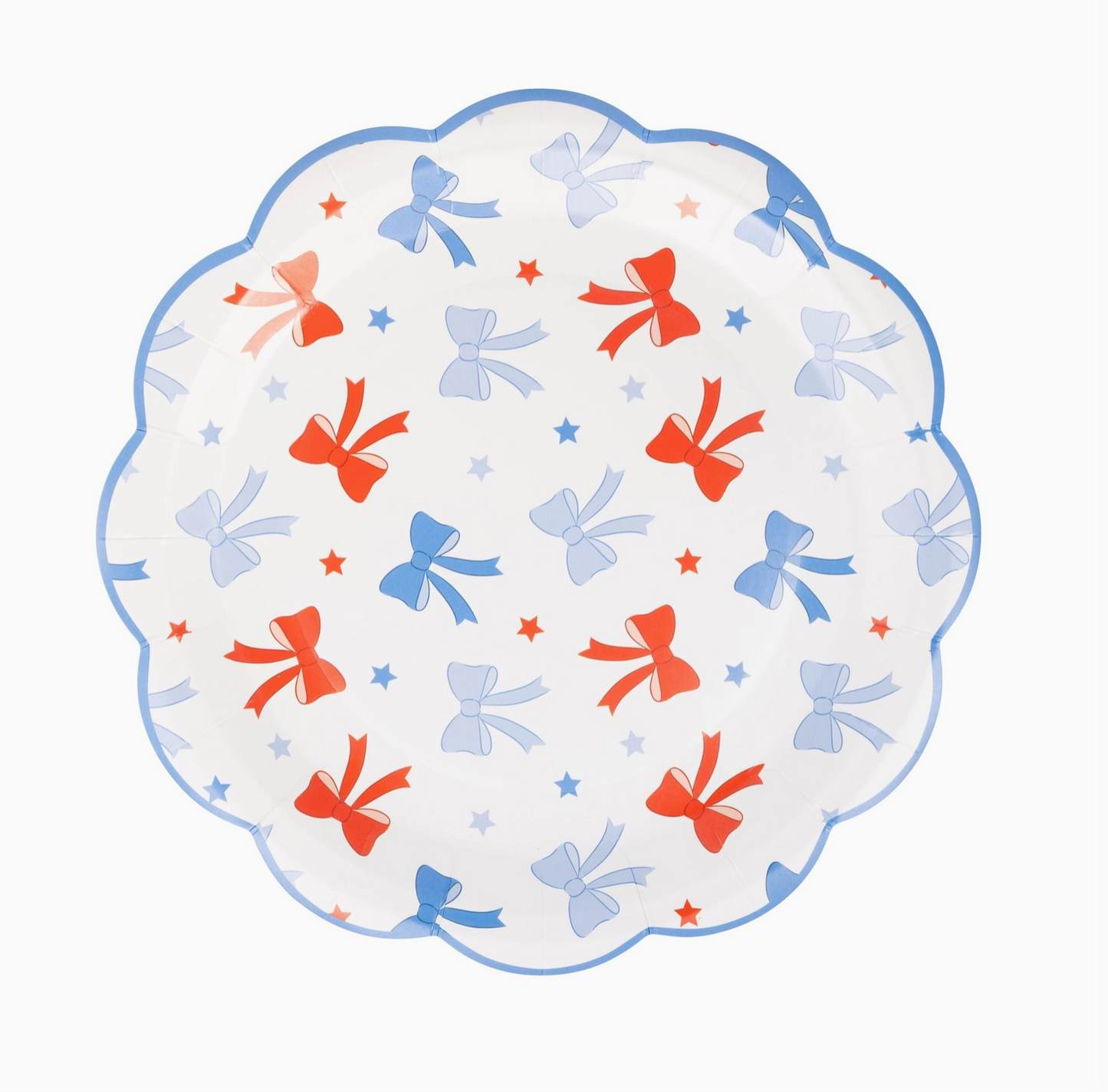 Decorative plate with red, blue, and orange bows on a white background