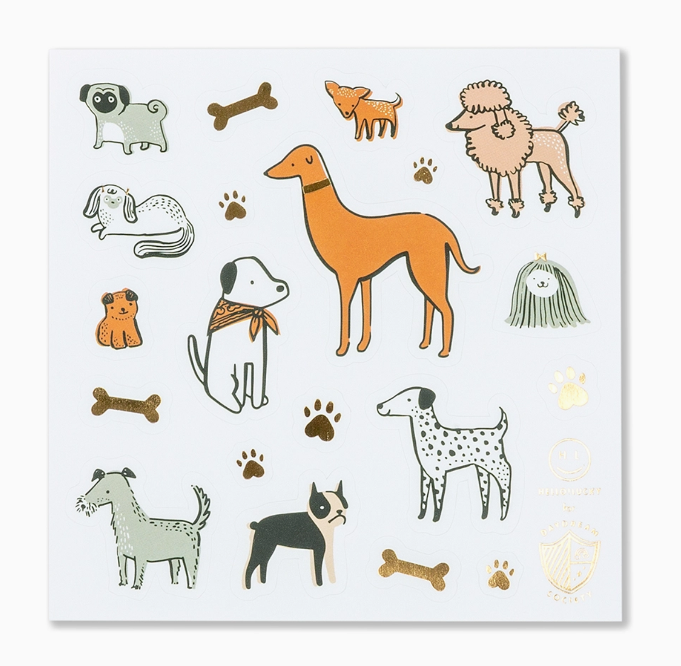 A square white sticker sheet featuring various hand-drawn dog illustrations in orange, black, white, and gray, along with brown bones and paw prints, and a small gold foil seal at the bottom right.