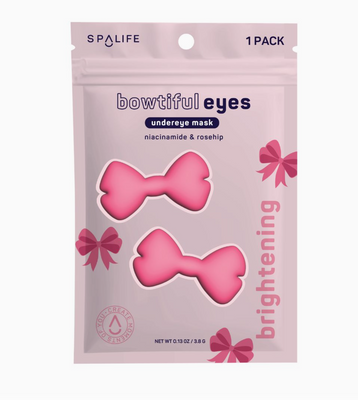 Pack of 'bowtiful eyes' undereye mask with pink bows on a white background