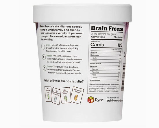 Container of 'Brain Freeze' game with instructions and branding on a white background