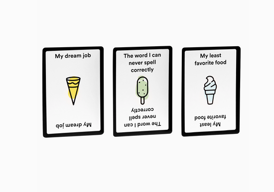 Three cards with ice cream cone illustrations and text prompts on a white background