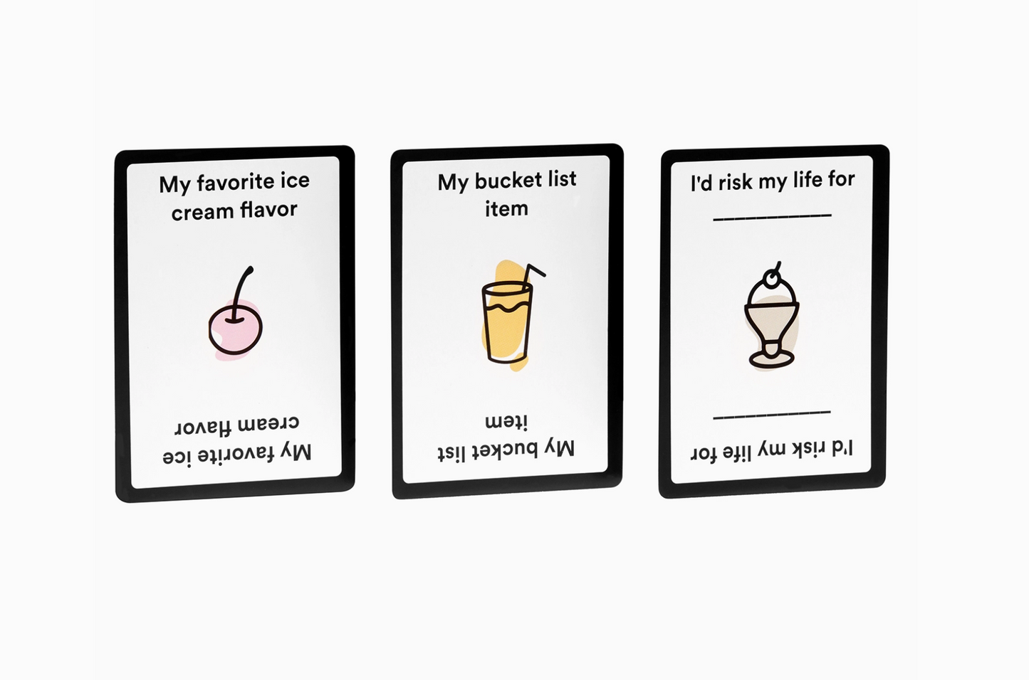 Three cards with ice cream-themed questions on a white background