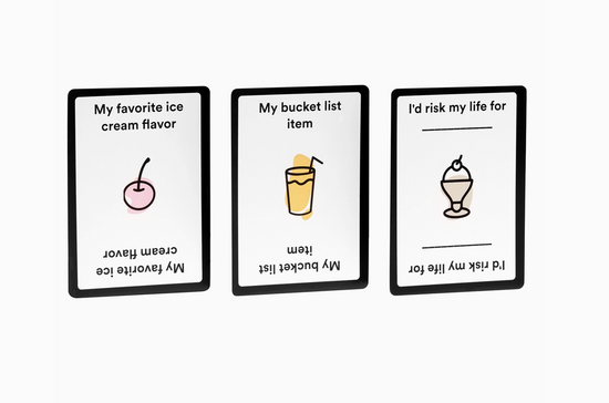 Three cards with ice cream-themed questions on a white background