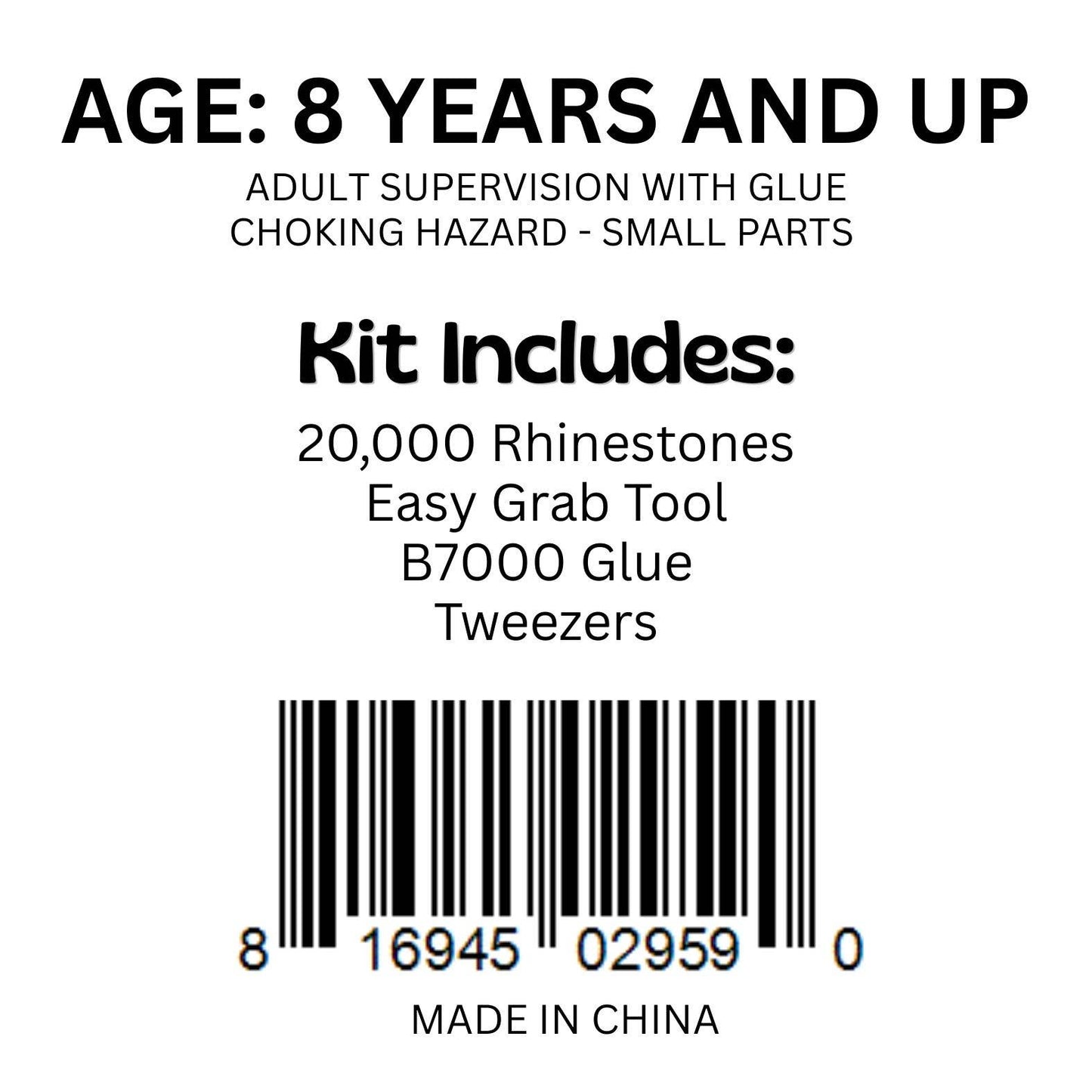 Product label with age recommendation, safety information, and contents list on a white background.