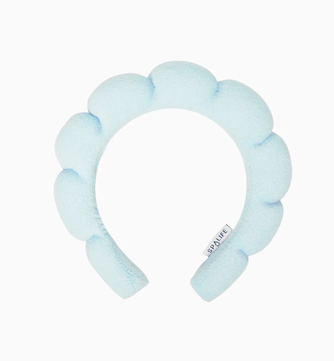 Light blue headband with a brand label on a white background