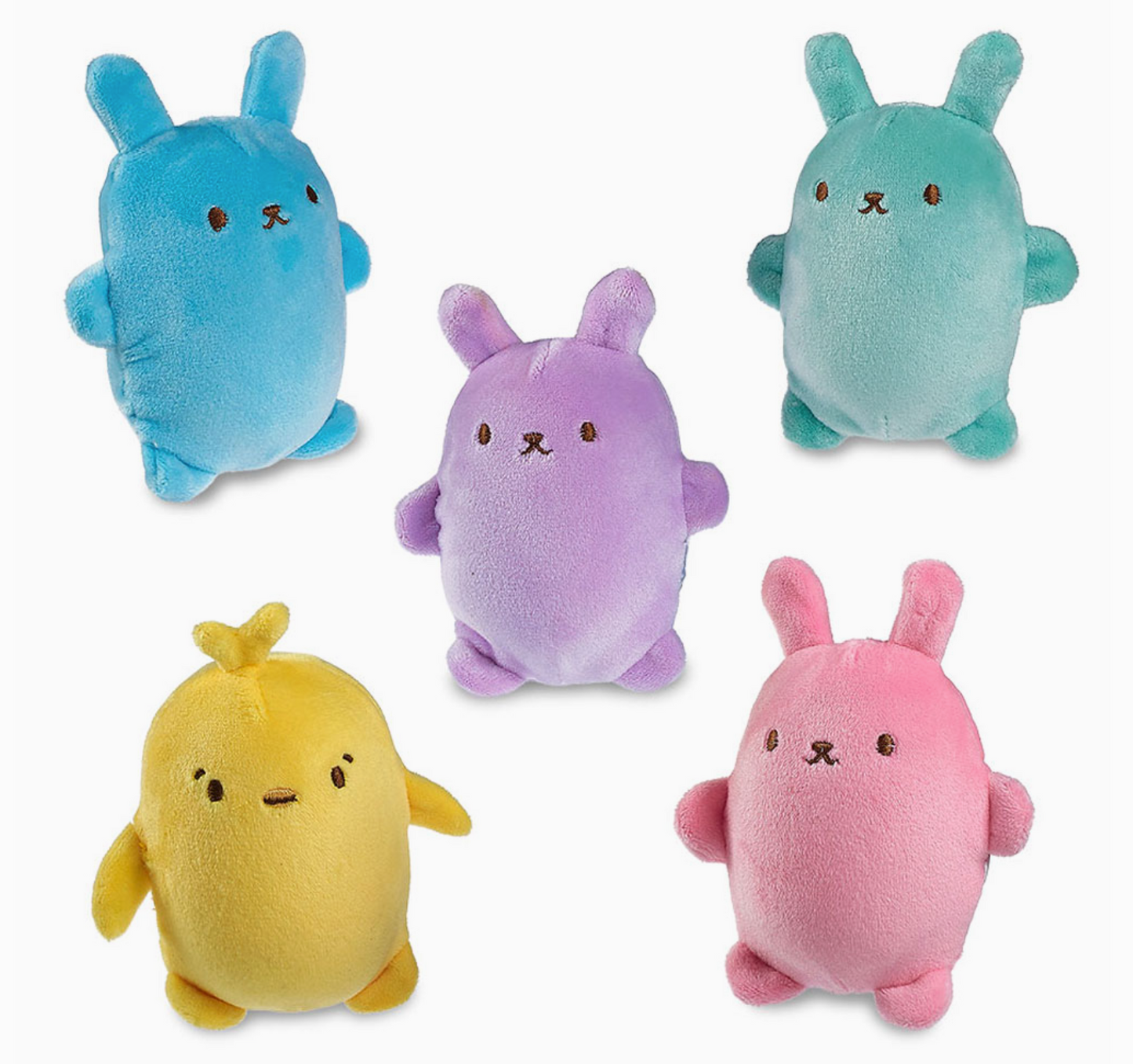 Five colorful plush toys on a white background