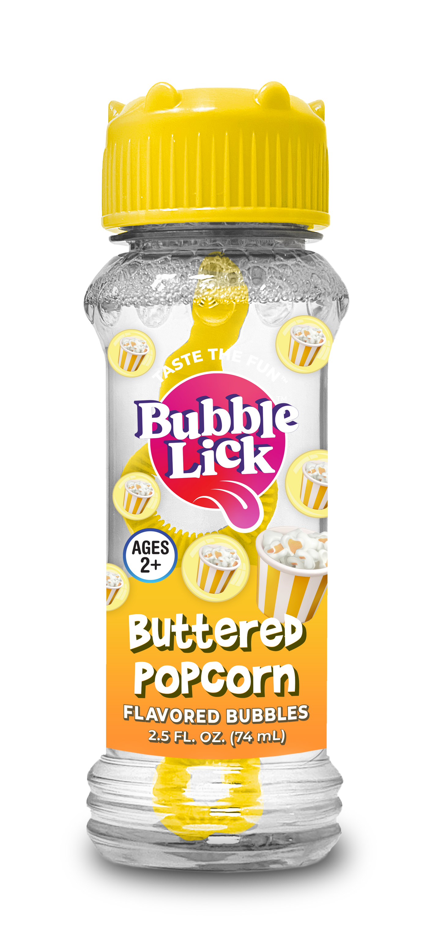 Bottle of Bubble Lick Buttered Popcorn flavored bubbles with a yellow cap on a white background