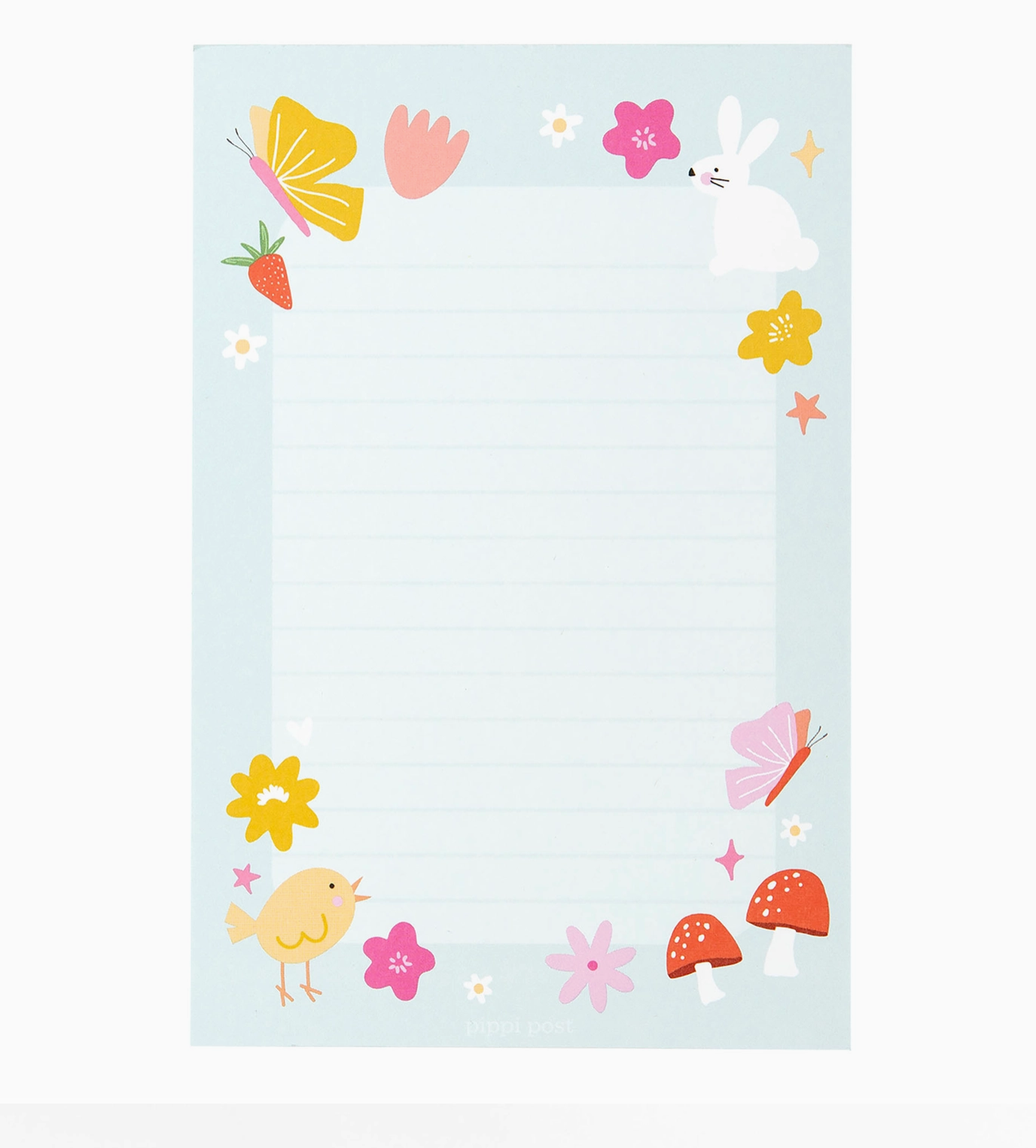 A notepad with a light background and a border decorated with colorful illustrations including a bunny, chicks, flowers, and butterflies.