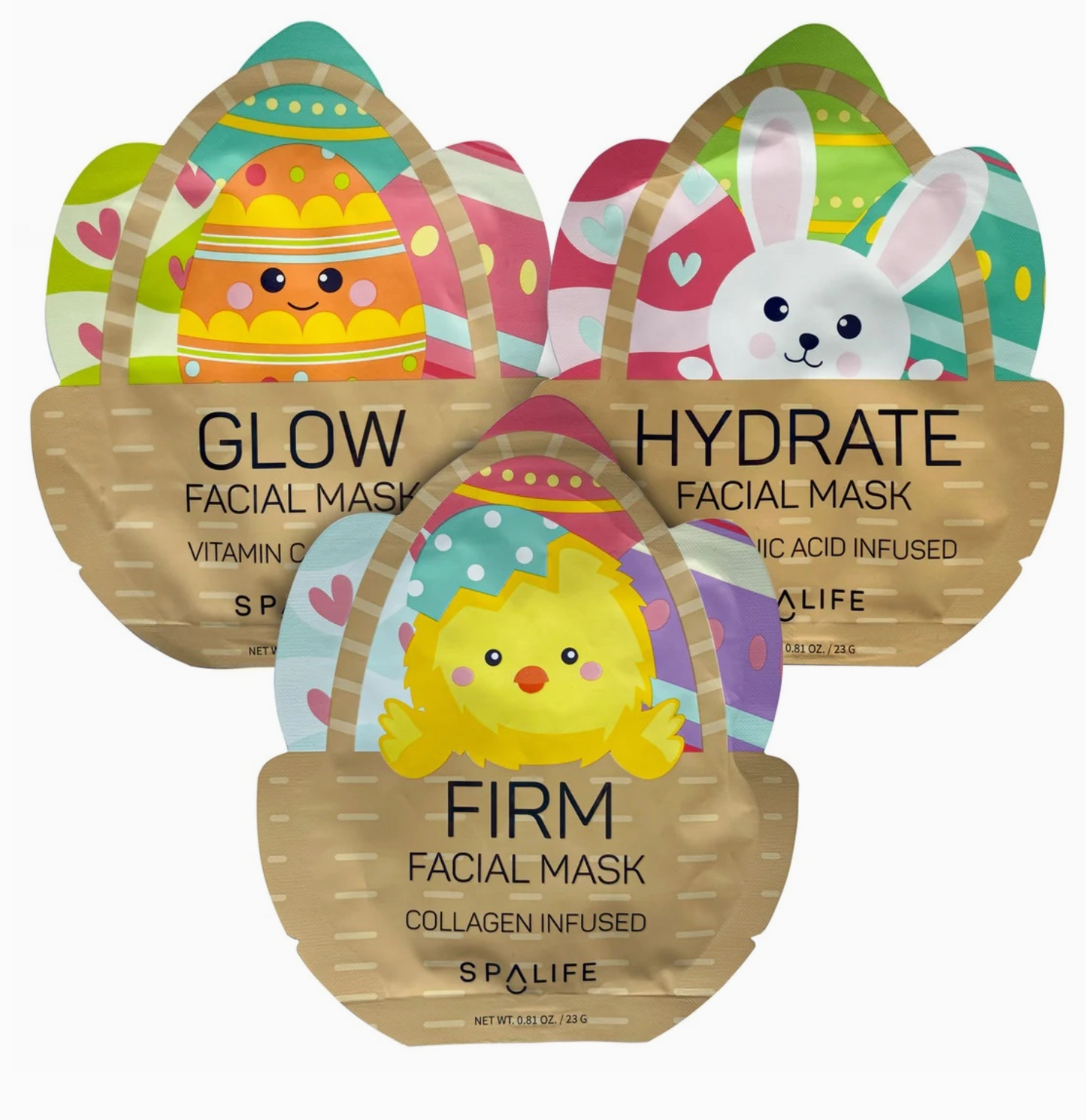 An assortment of Easter-themed SpaLife facial masks, with packaging depicting characters such as a chick and bunny, and text indicating effects like 'GLOW', 'HYDRATE', and 'FIRM'.