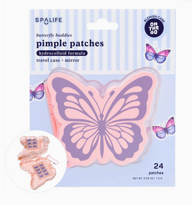 Spalife butterfly-shaped pimple patches packaging with a travel case and mirror on a light blue background.
