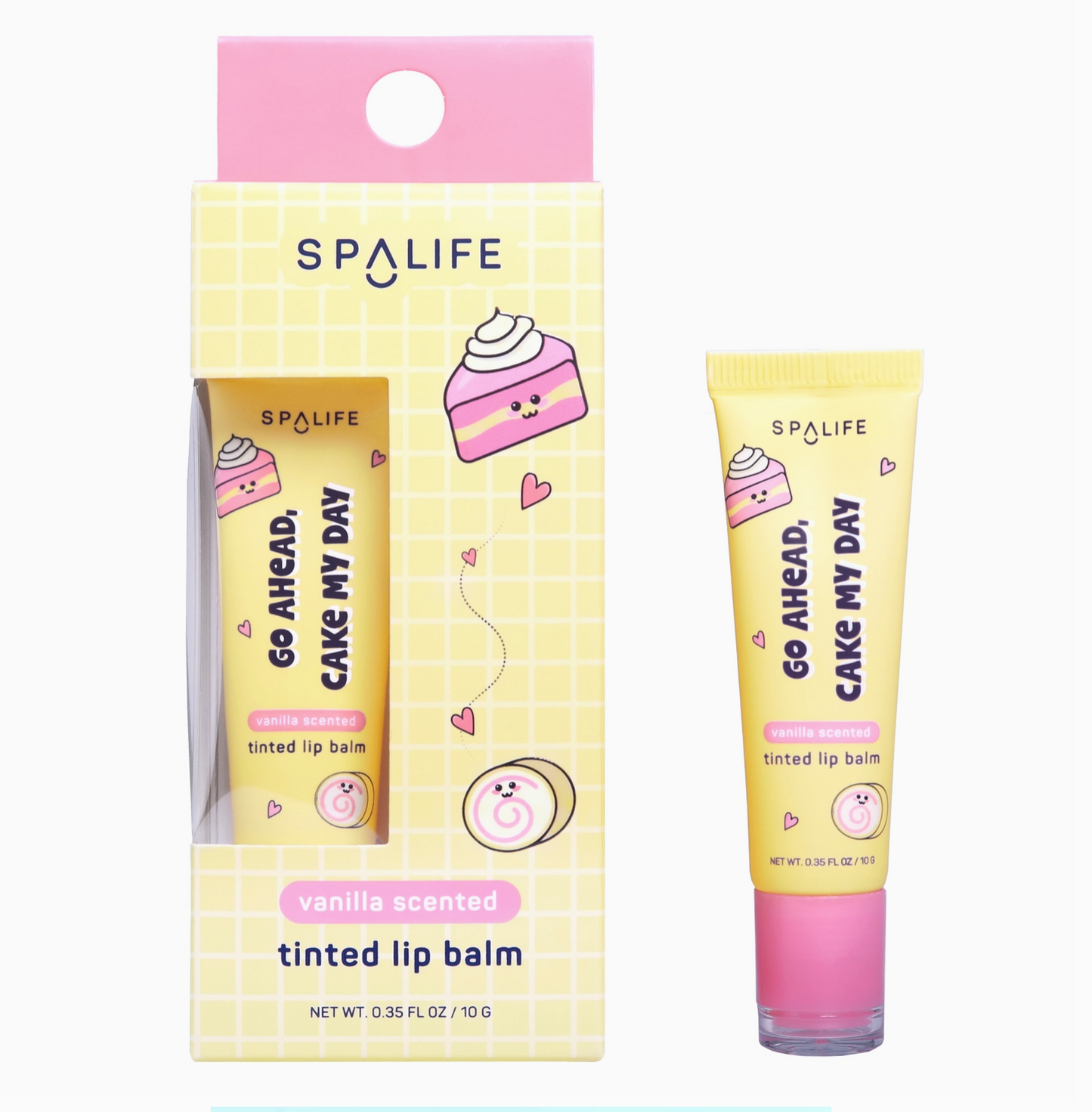 Spalife tinted lip balm with packaging on a white background