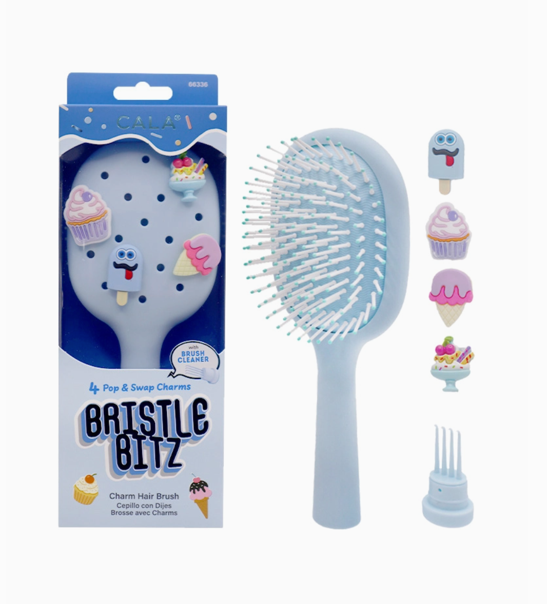 Bristle Bitz hairbrush with packaging and additional charms on a white background