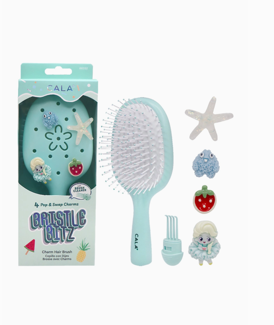 Gatstle Blitz hairbrush with packaging and accessories on a white background