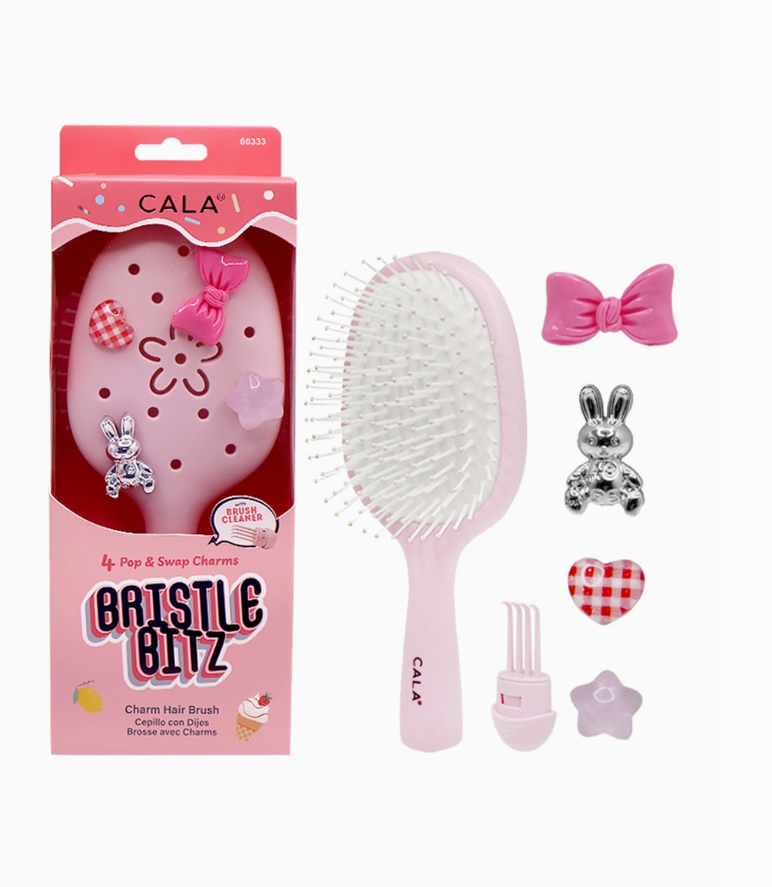 Pink hairbrush with accessories and packaging on a white background