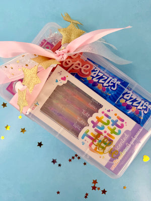 Decorative box with colorful text and stars on a blue background