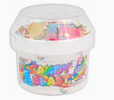 Jar of colorful candy with 'Candy Blast' label on a white background