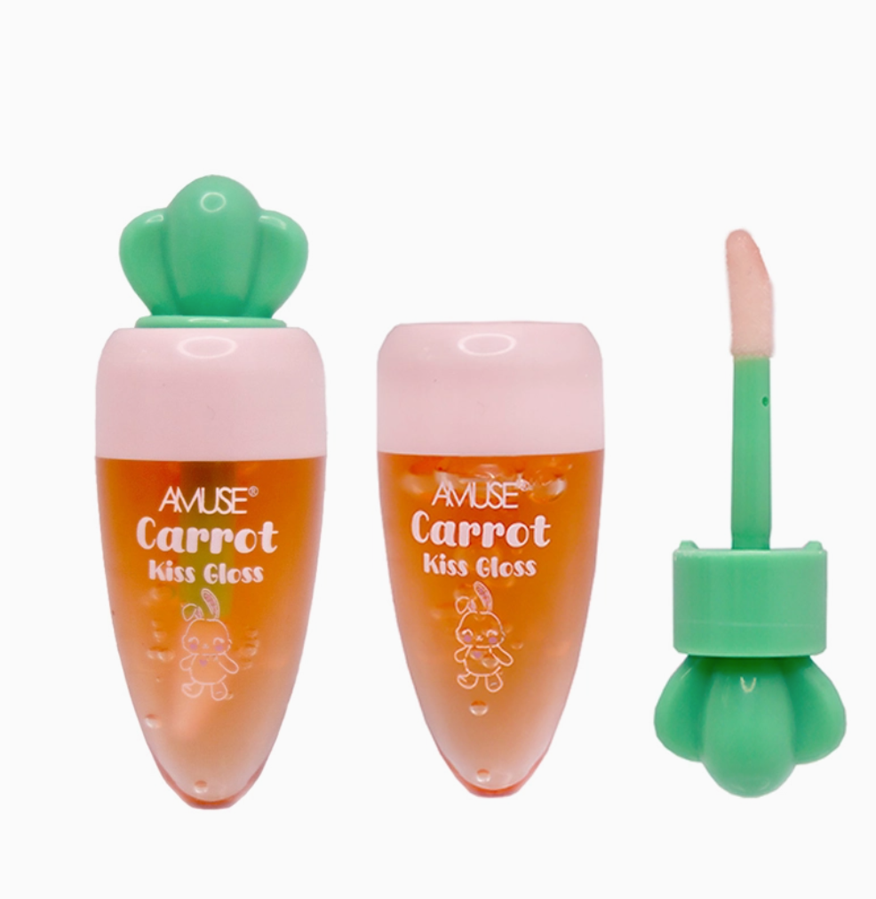 Carrot-shaped lip gloss with a green top on a white background