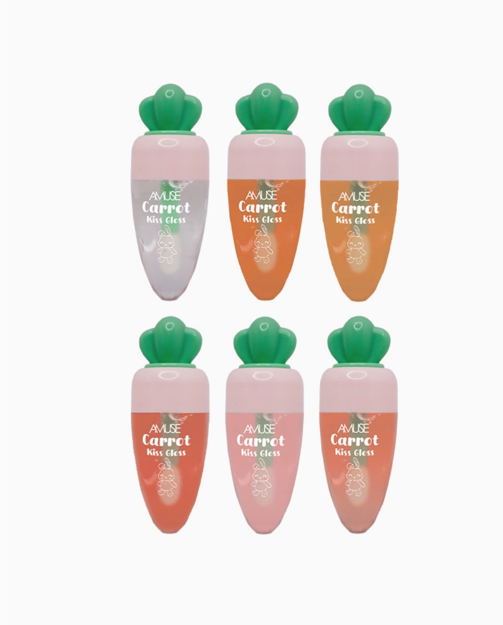 Set of six carrot-shaped lip glosses with green tops on a white background