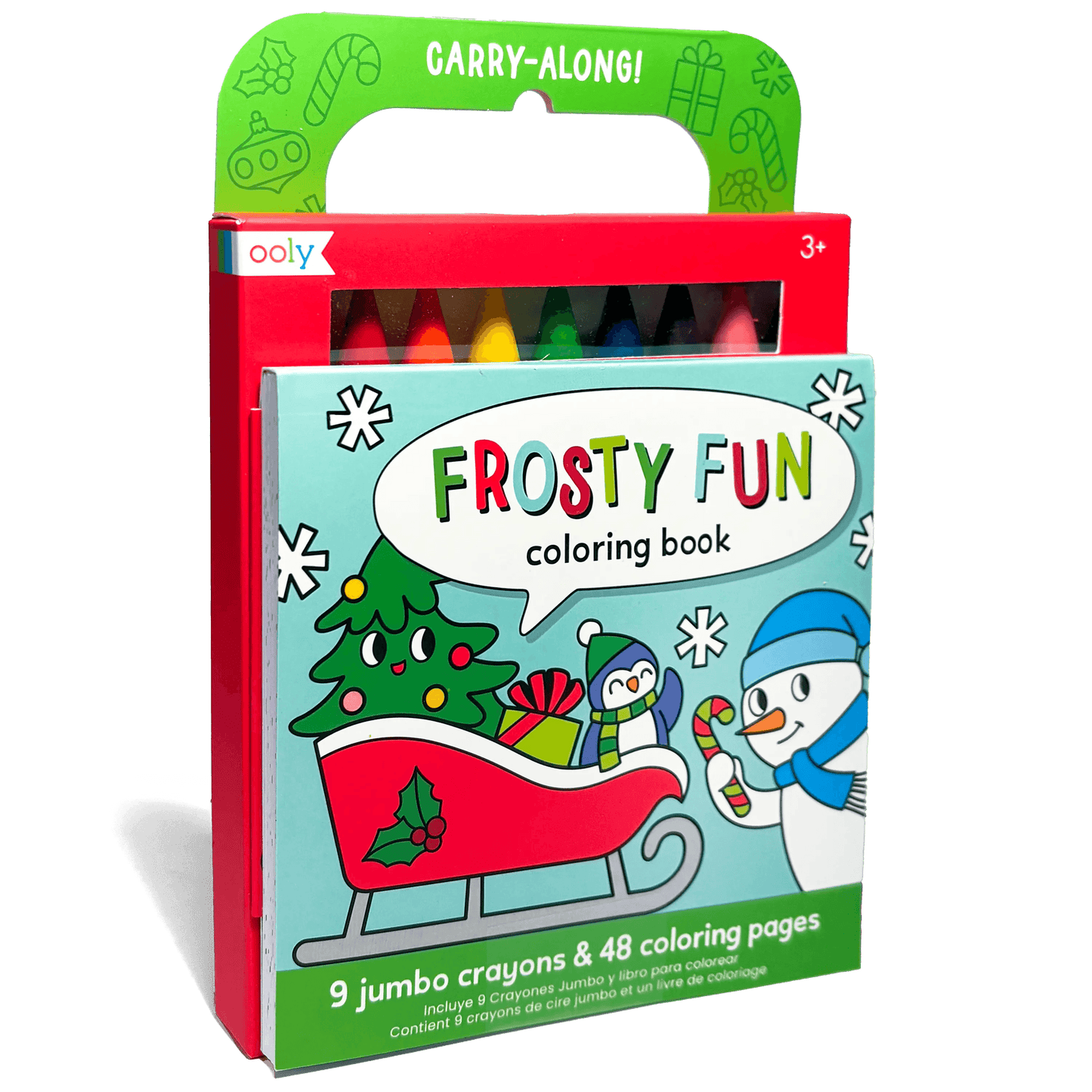 Coloring book and crayons set with 'Frosty Fun' design on a transparent background